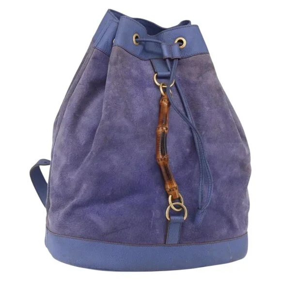 Gucci | Bags | Gucci Bamboo Backpack Suede Leather Blue Gold  display picture 3